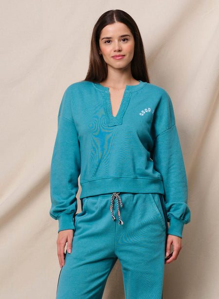 Sundry Good Vibes Split Neck Sweatshirt in Dusty Aqua