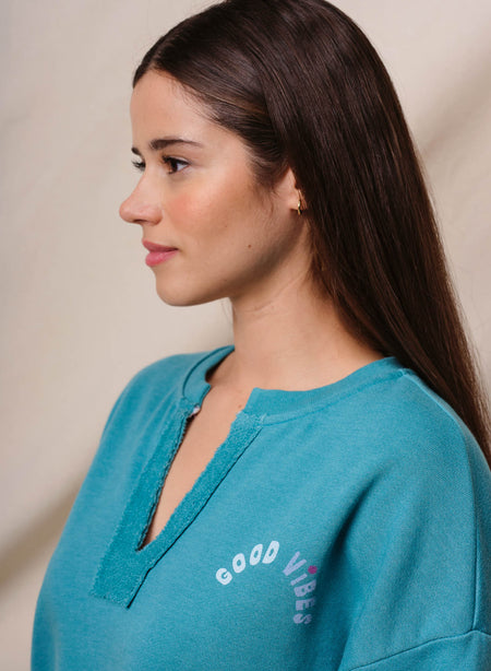 Sundry Good Vibes Split Neck Sweatshirt in Dusty Aqua