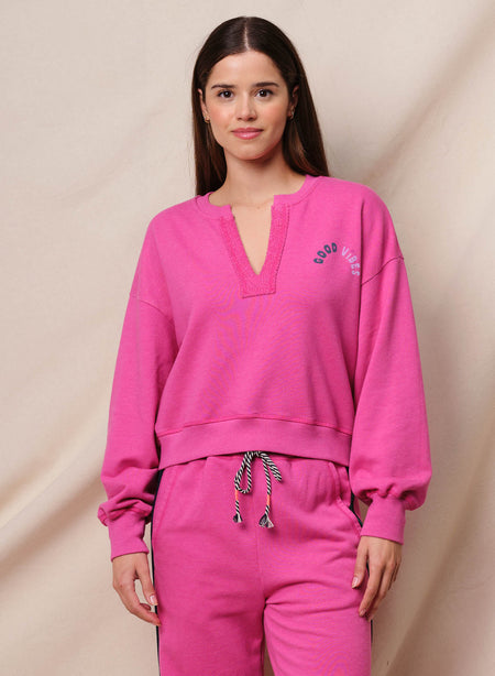 Sundry Good Vibes Split Neck Sweatshirt in Fuchsia