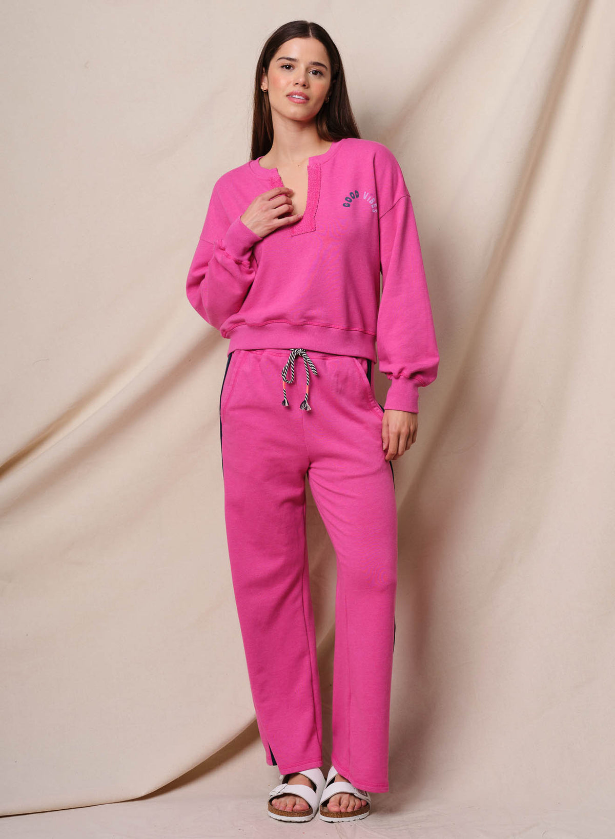 Sundry Good Vibes Split Neck Sweatshirt in Fuchsia
