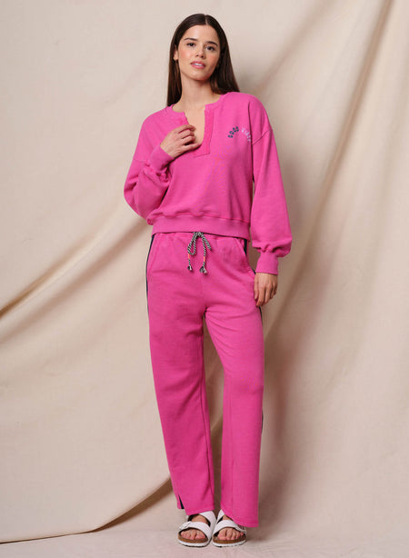 Sundry Good Vibes Split Neck Sweatshirt in Fuchsia