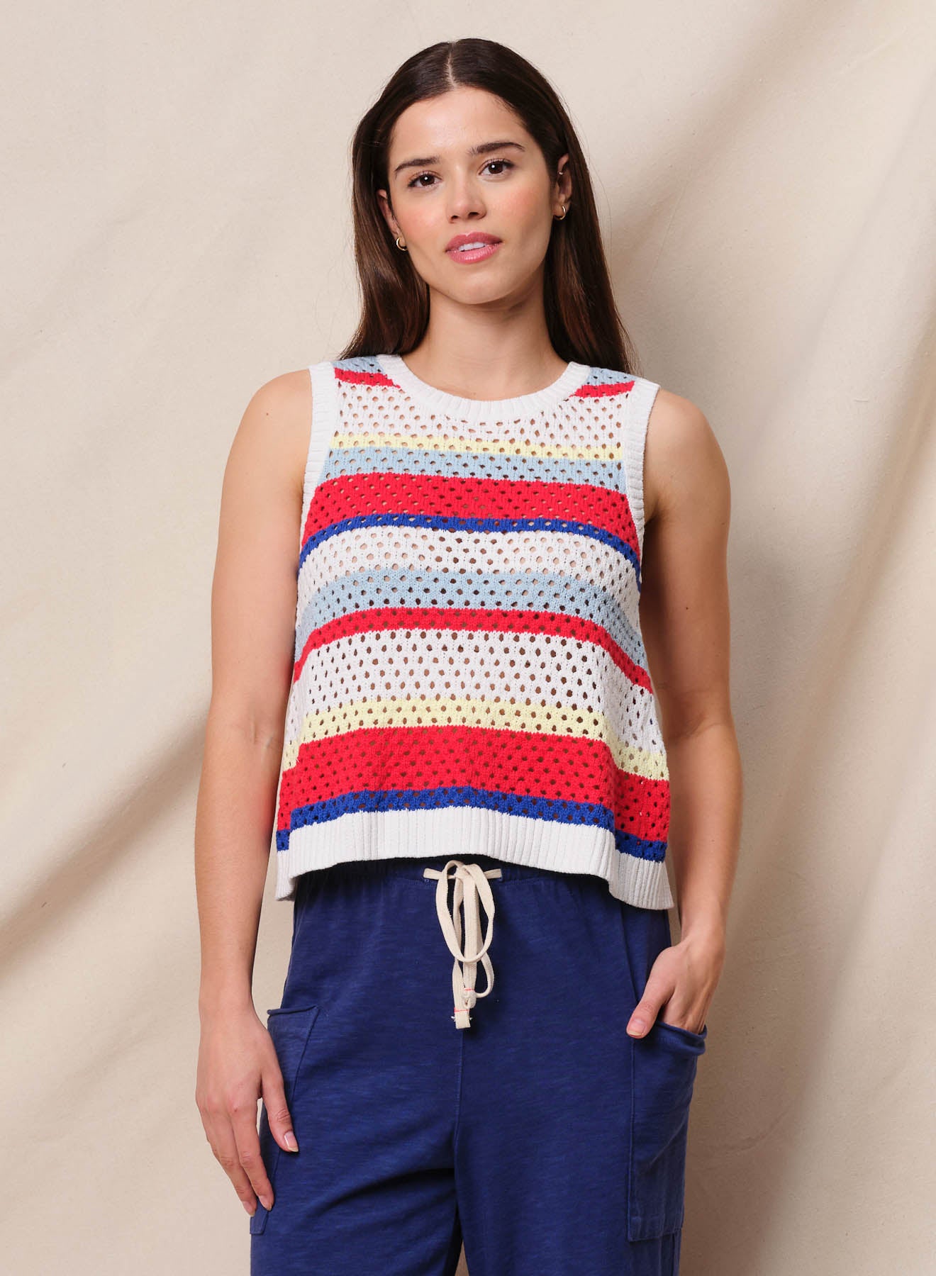 Débardeur Femme été 2025 - Imprimé Tie-dye Et Rayures, Sans Manches, Boutons Décoratifs - Taille S à 3XL, Mix Coton - Style Décontracté