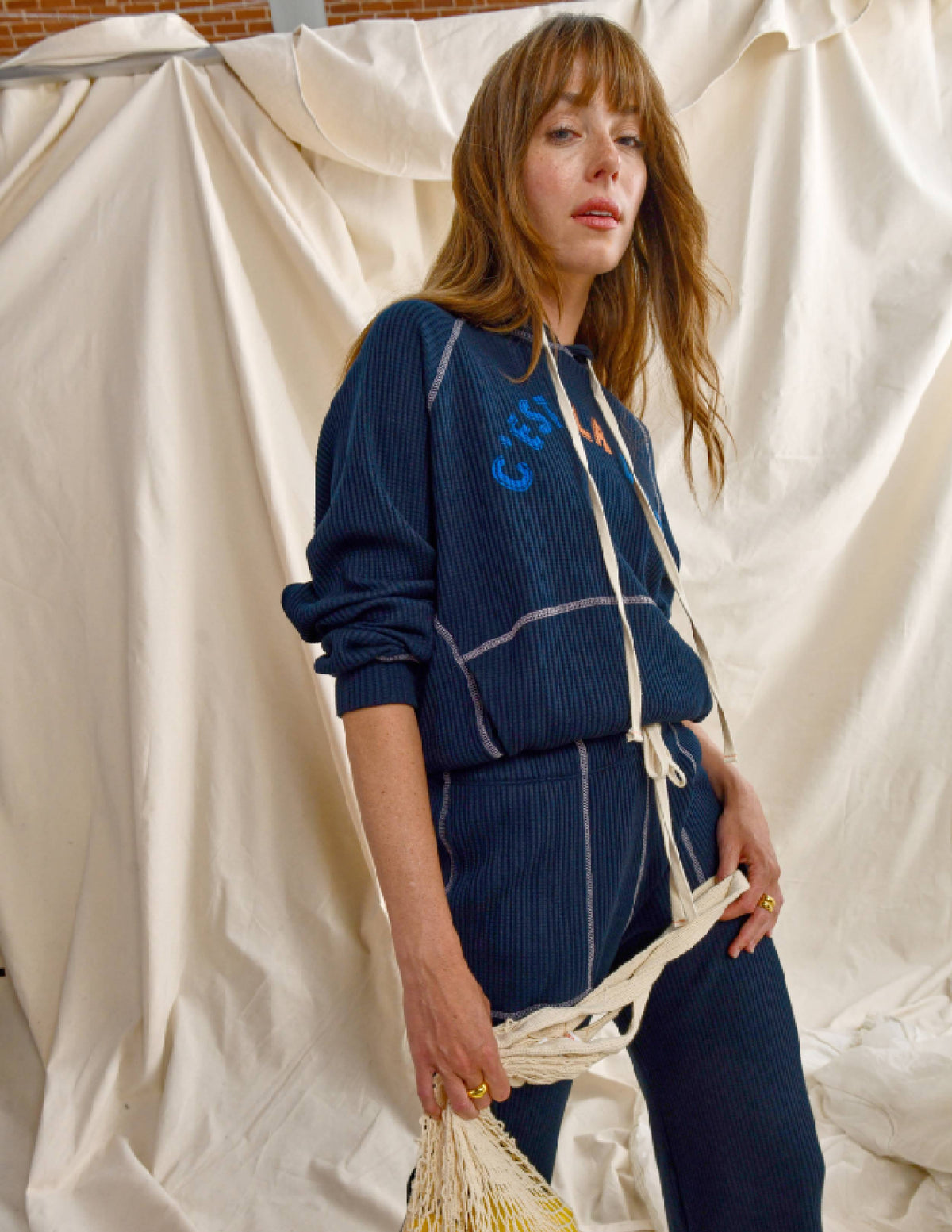 Sundry Contrast Stitch Hoodie in Deep Navy