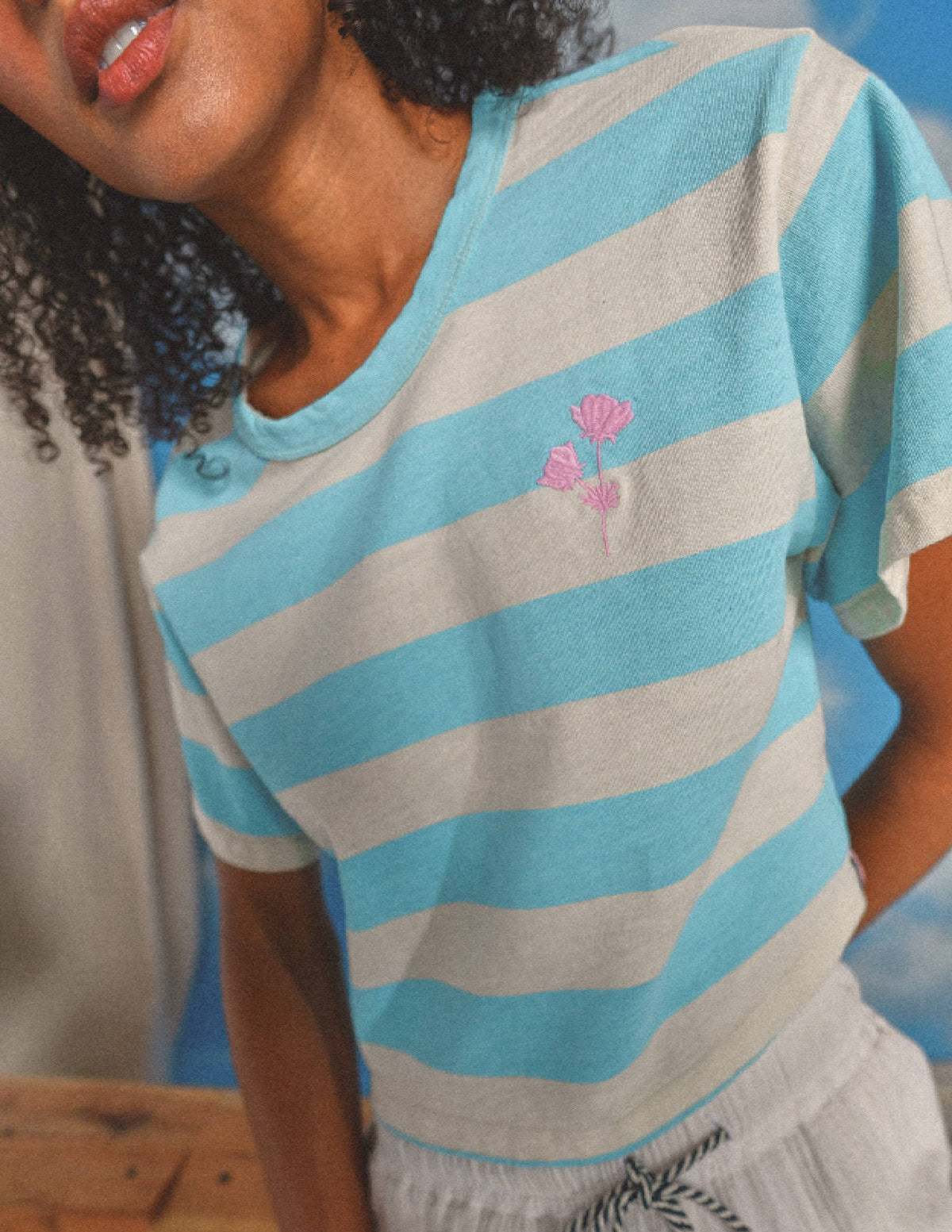 Sundry Floral Embroidery Rugby Stripe Boy Tee in Robins Egg