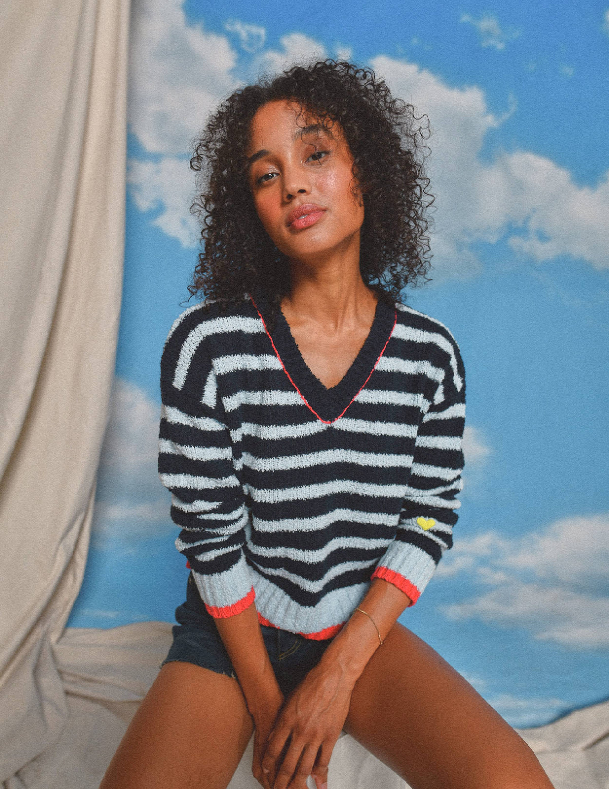 Sundry Heart Embroidery Striped V-Neck Sweater in Deep Navy
