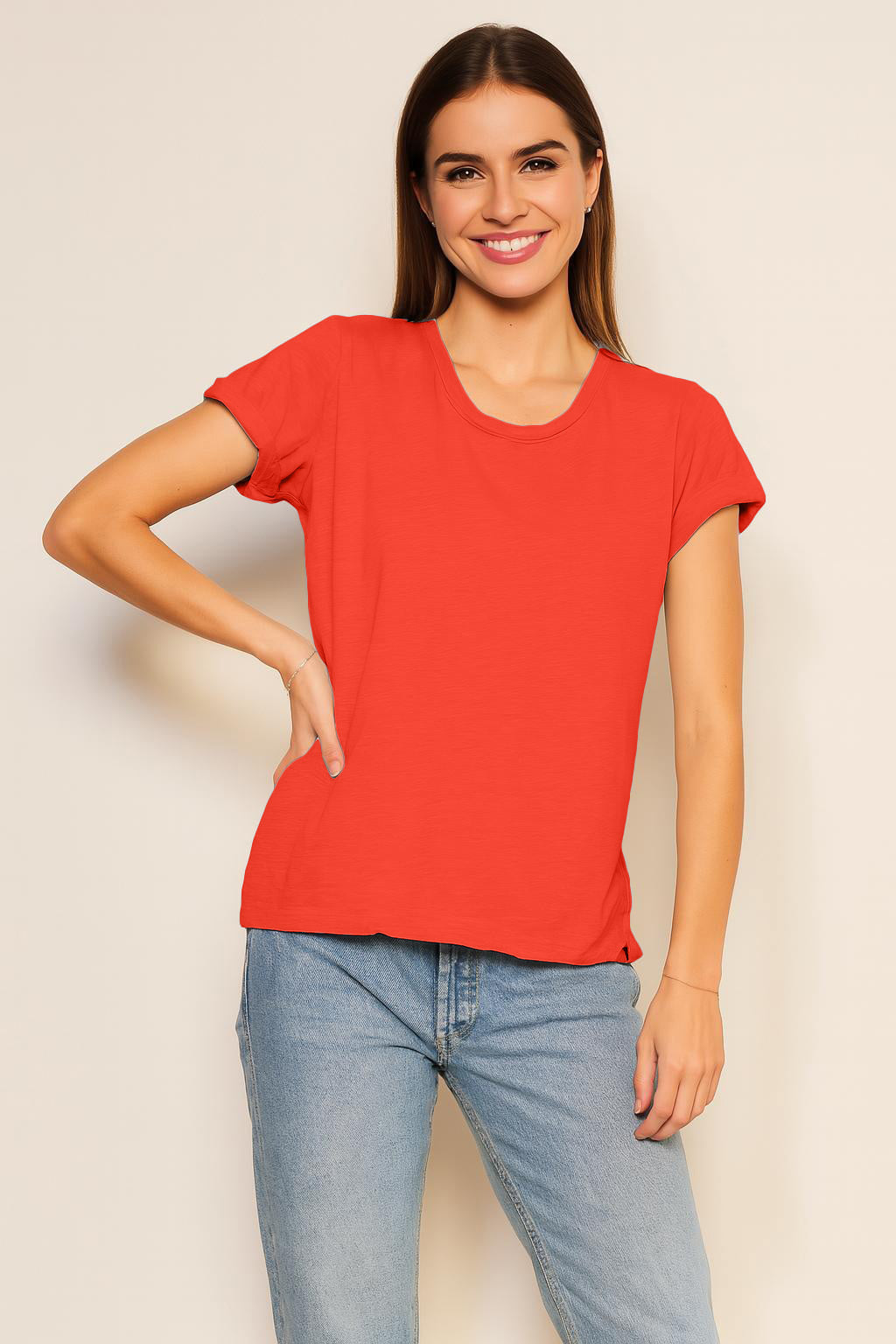 Sundry Rolled Sleeve Tee in Bright Coral