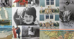 Collage of vintage summer photos featuring children, beach scenes, flowers, a sailboat, and a U.S. map