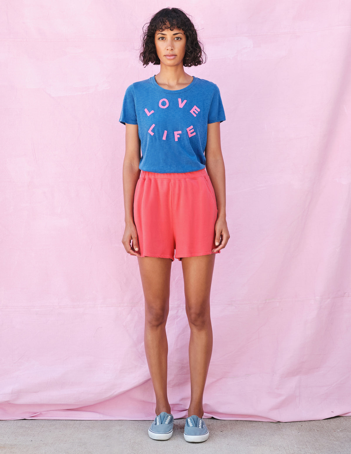 blue tee with pink &quot;love life&quot; graphic 