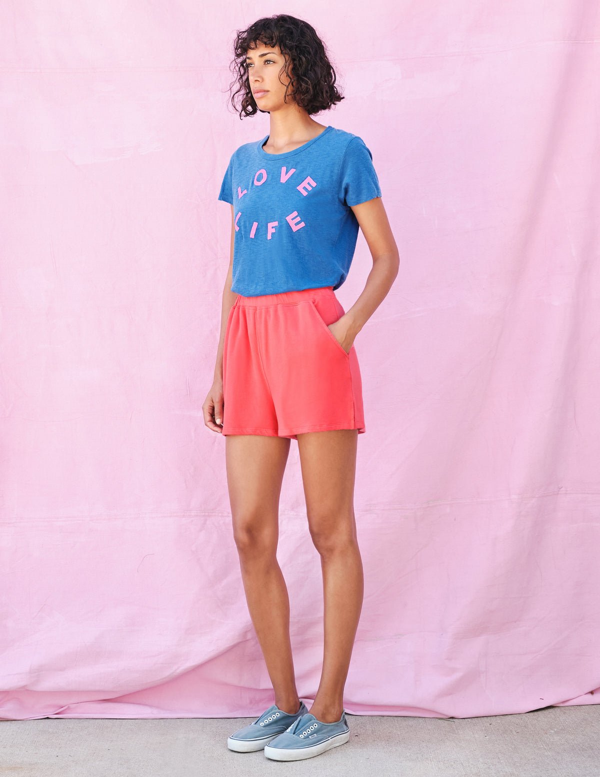 blue tee with pink &quot;love life&quot; graphic 