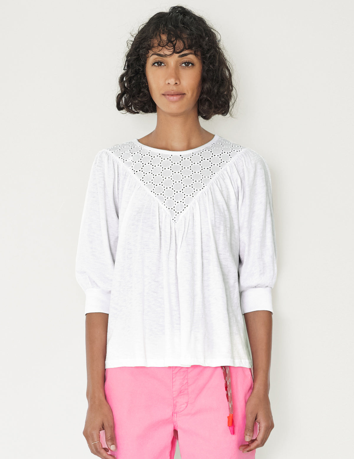 white eyelet yoke blouse