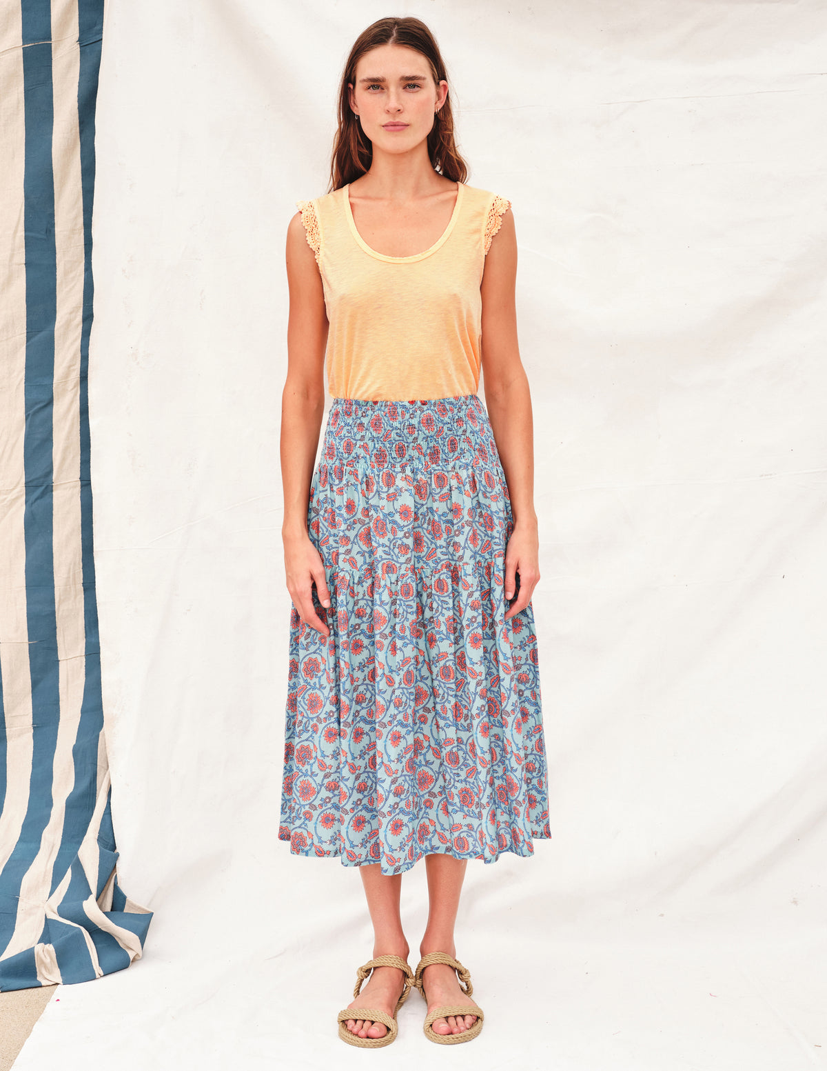 Sundry Tank with Crochet in Pigment Melon - paired with floral skirt