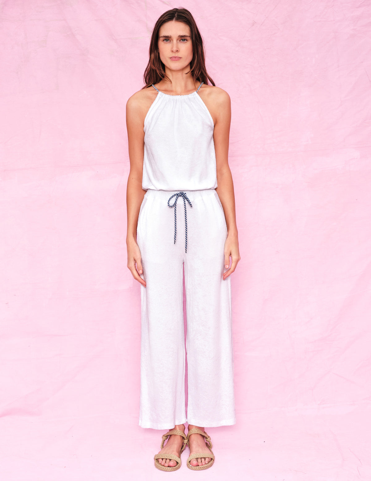 Sundry Bubble Tank Top in White - paired with white drawstring pant